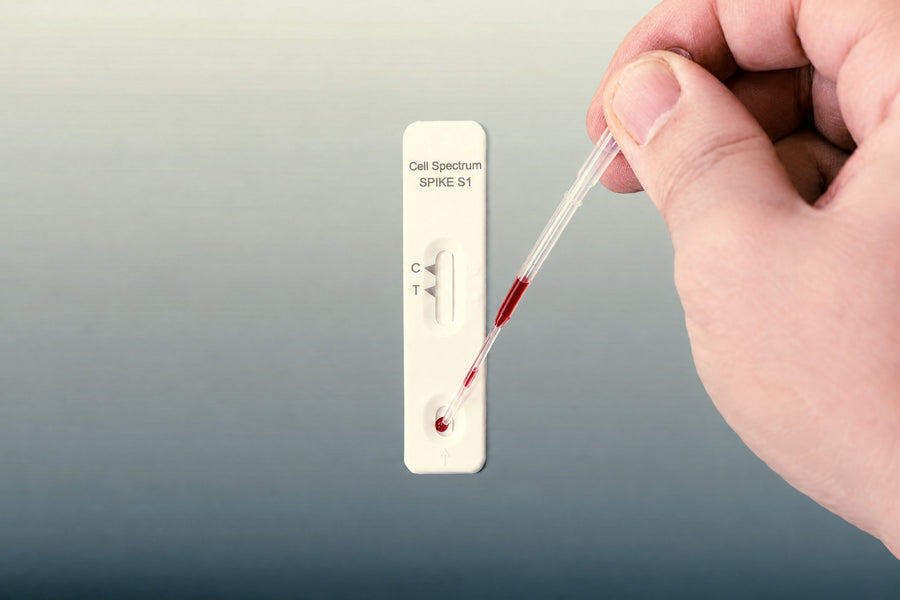 Blut wird mit dem Tropfer in die Probenvertiefung der Testkassette gegeben