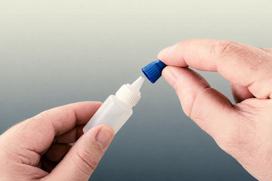 Die blaue Kappe wird von der Puffer-Tropfflasche abgedreht